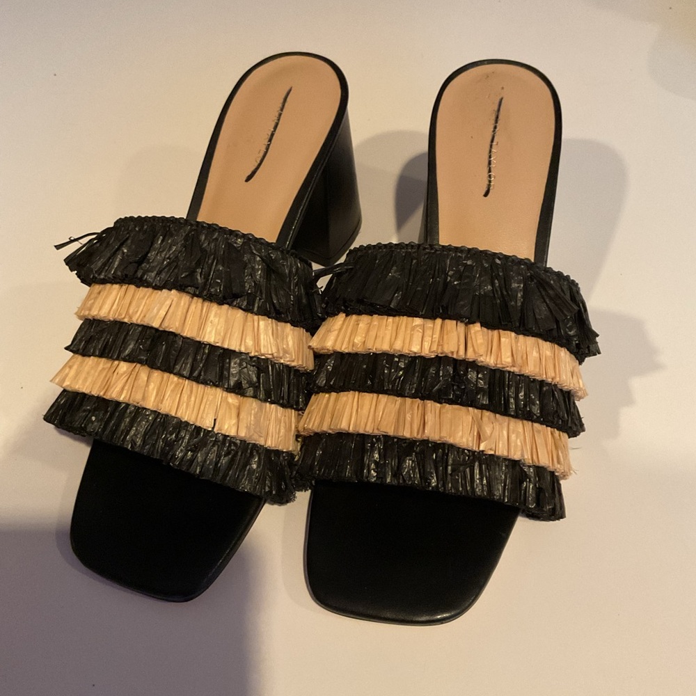 Ann Taylor Fringe Straw High Block Heel Sandals Sz 7 $158